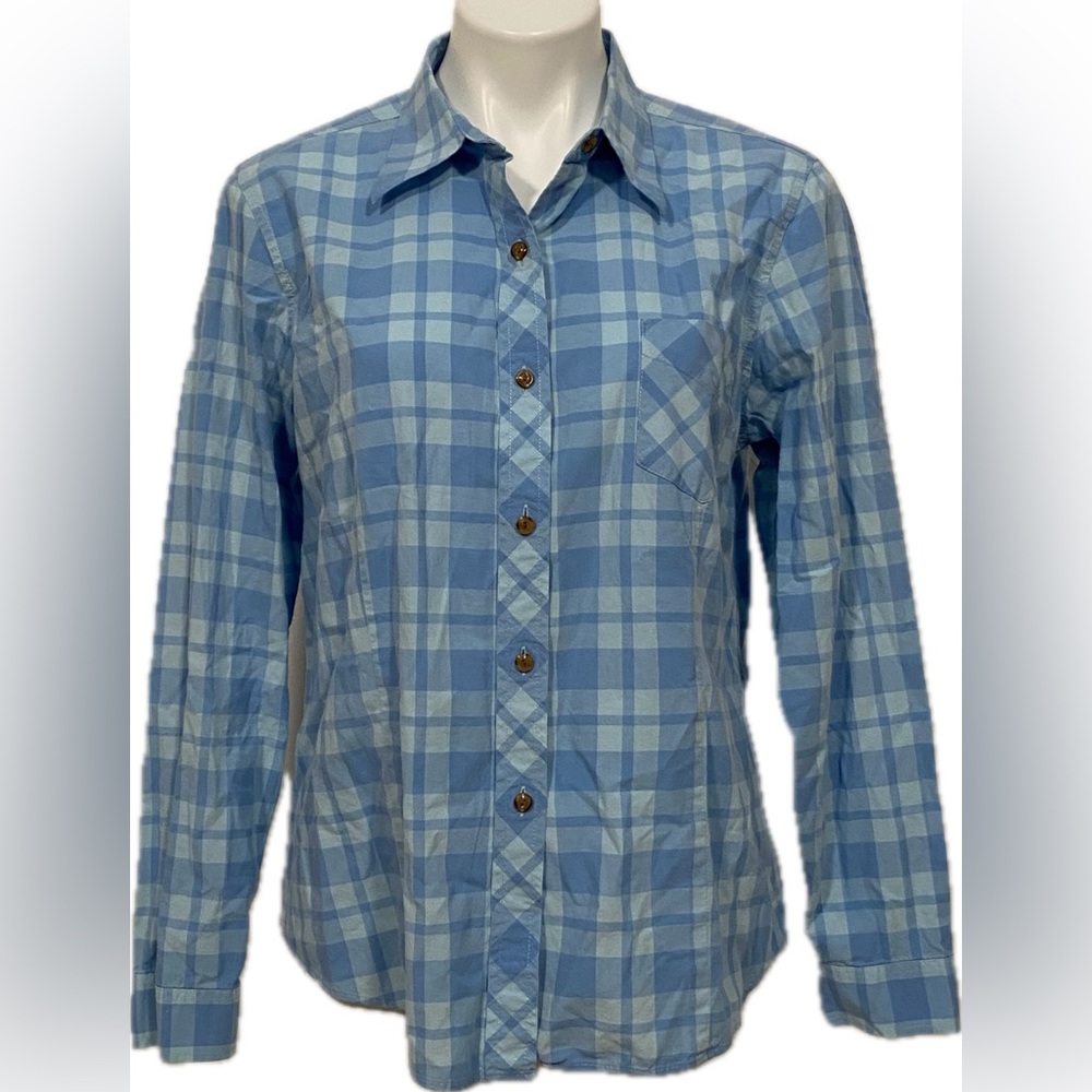 LL BEAN BLUE PLAID COTTON BUTTON DOWN LONG SLEEVE COLLARED TOP